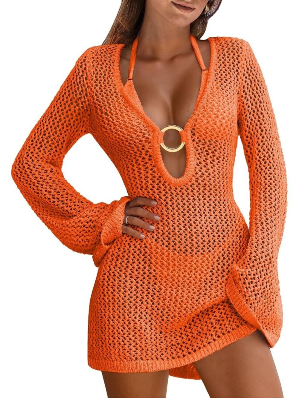 Women's Orang Acrylic Crochet Mesh Bathing Cover UPS Summer Knit Swimwear